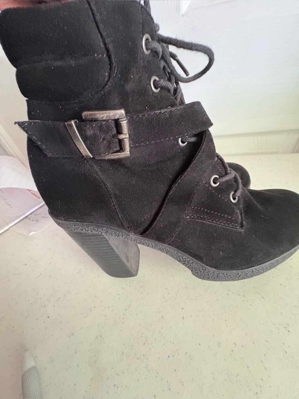 JustFab Black Suede Lace-Up Ankle Boots with Buckle Detail